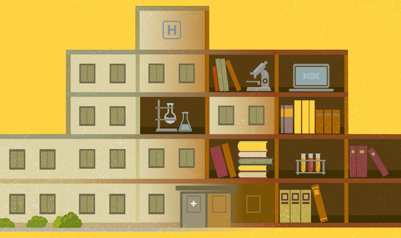 Hero illustration representing embedding research and education in a health care system. The illustration is made up of a series of blocks depicting the outside of a building on the left side with windows in each of the blocks, one of which displays a couple of beakers of liquid, and a bookcase on the right side with books, a microscope, a laptop displaying a DNA string, test tubes of liquid, and a block of windows similar to the left building side. At the top of the structure is the letter H, and at the bottom, in the center between the building and bookcase sides, is a set of hospital doors.